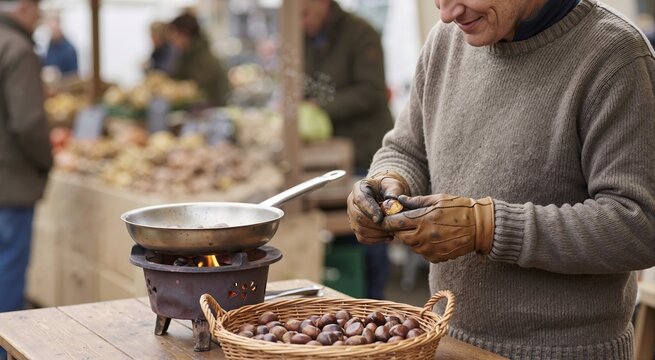 Person in leather gloves peeling roasted chestnut. Man preparing hot seasonal street food snack at outdoor winter market stall