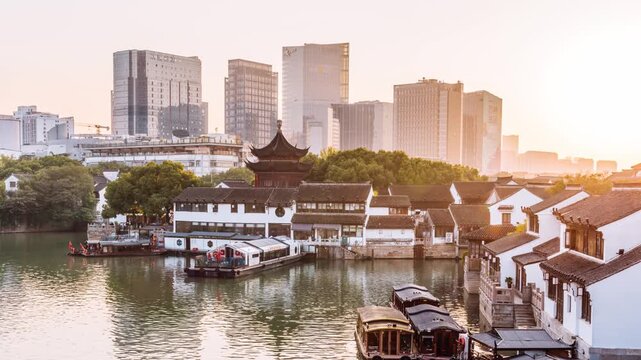 Dusk view timelapse of the skyline of the North Wharf of Shantang Street, Suzhou, Jiangsu Province, China