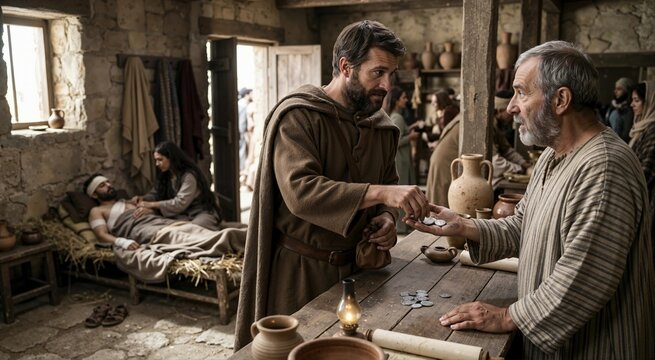 The Good Samaritan paying the innkeeper with silver coins. Biblical parable concept of charity and compassion for an injured traveler in an ancient rustic inn