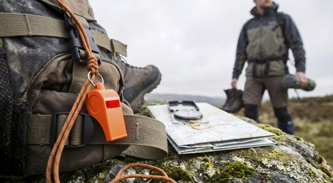 Bright orange emergency whistle attached to a hiking backpack. Compass and map on a mossy rock with a hiker in the background. Outdoor survival gear