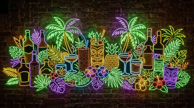 A vibrant neon sign array illuminates a dark brick wall, showcasing exotic tropical cocktails, tiki masks, and lush foliage, perfect for a lively bar or party.