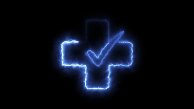Medical cross-check mark neon blue energy glowing effect icon 4 K animation loop video