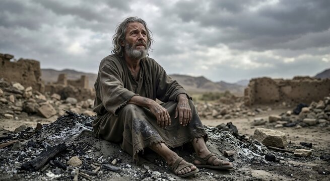 Older man in rough robe sitting in ashes looking up. Biblical character Job in desolate landscape expressing grief and faith. Old Testament heroes theme