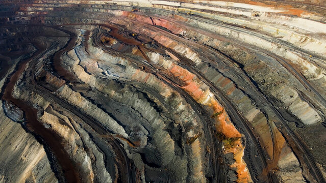 Iron ore quarry, iron ore mining, aerial view from drone