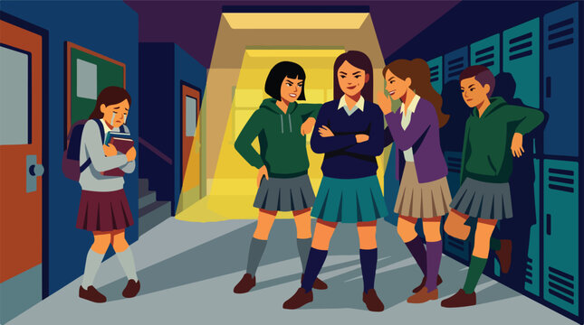 Group of schoolgirl bullies whispering and mocking classmate vector. Crying student bullied by mean girls in hallway illustration. Flat design female school harassment.