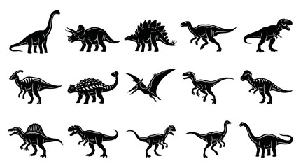 Obraz premium Black and White Dinosaur Silhouette Vector Icons Set - Prehistoric Animal Glyphs Collection