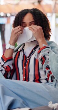 Woman, allergy and blowing nose in house with tissue, health problem and flu symptoms from burnout. Flare, African person and sick in home with toilet paper, virus or congestion from sinus infection.