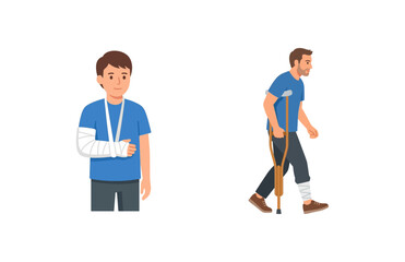 Vector illustration of injured people with a broken arm in a sling and a man walking with crutches and a bandaged leg