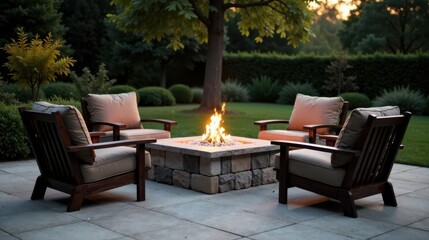Fototapeta premium Serene evening ambiance featuring a warm fire pit surrounded by comfortable outdoor armchairs on a stone patio