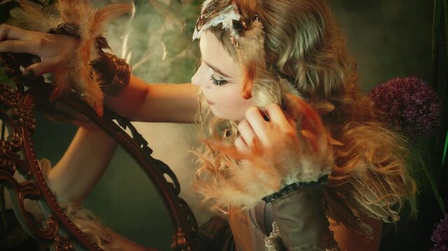 Fantasy character fashion model looking at reflection in magical mirror posing in dark fairytale forest warm light. gothic fairy woman bird art costume. sexy face eyes lips fairy elf blonde hair girl