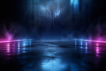 Obraz premium A dark, atmospheric scene with a reflective wet floor illuminated by vibrant blue and pink neon lights in a misty environment.