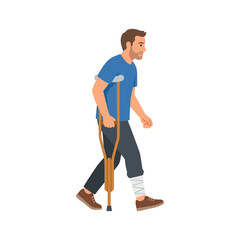 Fototapeta premium Illustration of an Injured Man Walking Carefully with Crutches and a Bandaged Leg Isolated on a White Background