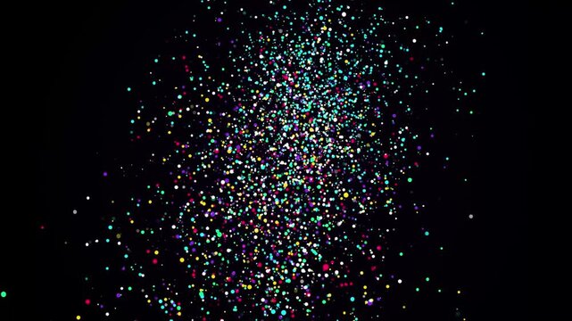 Abstract background with colorful glowing particles and bokeh lights on black background