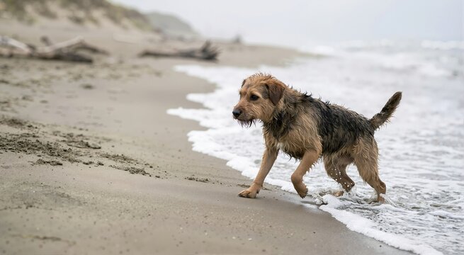 Wet dog emerging from the ocean water onto a sandy beach. Active scruffy pet walking through waves on an overcast coastal shore