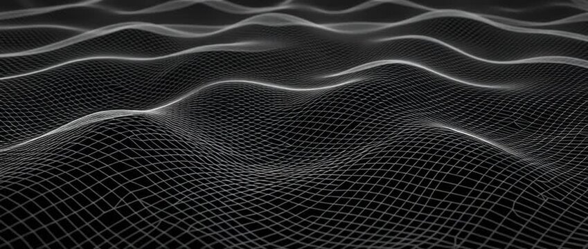 Abstract wave background with dark mesh lines, smooth flowing surface, black grid pattern, metallic line texture, digital terrain geometric design, futuristic backdrop, and modern light curves