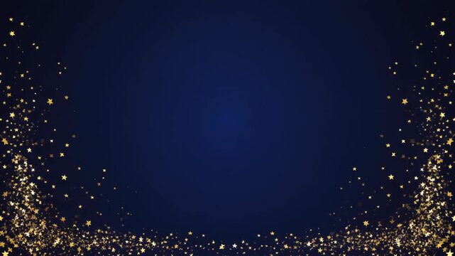 表彰式典を彩る紺色の背景動画で金色の星屑が両端からふわりと立ちのぼり画面中央のスポットライトへ吸い込まれるように集まっていく荘厳で洗練された授賞式典向けの演出情景を高精細な質感で丁寧に捉えた特別な一本