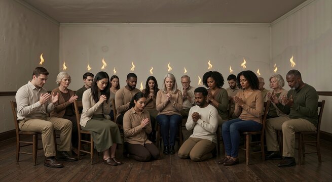 Diverse group of people praying with flames of fire appearing over their heads. Congregation sitting in a circle during spiritual worship. Biblical Pentecost and Holy Spirit concept