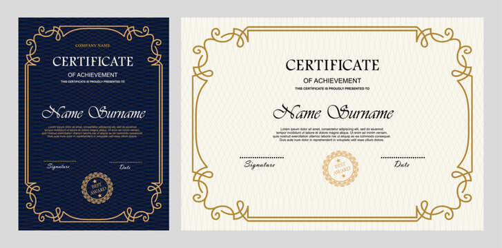 Vintage certificate of achievement template with horizontal, vertical layouts. Multipurpose retro design with ornate ornaments. Vector illustration for diploma, graduation, professional recognition