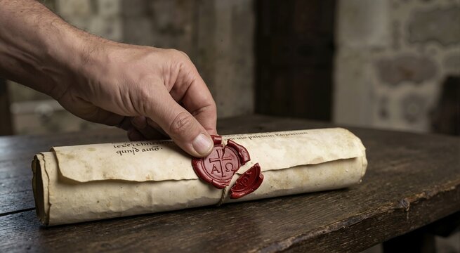 Close up of hand breaking red wax seal on ancient parchment scroll. Historical religious document with Alpha and Omega symbols on wooden table