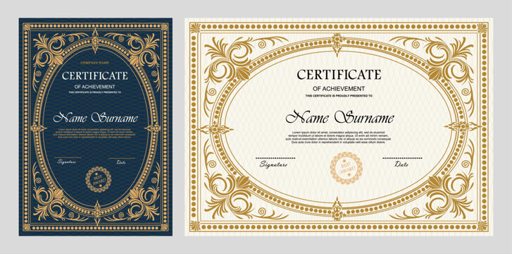 Vintage certificate of achievement template with horizontal, vertical layouts. Multipurpose retro design with ornate ornaments. Vector illustration for diploma, graduation, professional recognition
