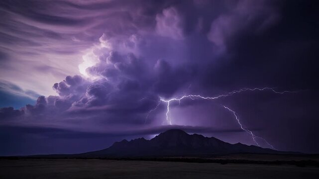 Dramatic Purple Thunderstorm With Lightning Strikes Over Mountain Range