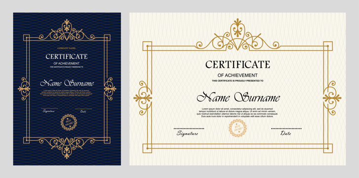 Vintage certificate of achievement template with horizontal, vertical layouts. Multipurpose retro design with ornate ornaments. Vector illustration for diploma, graduation, professional recognition