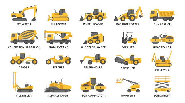 Construction Heavy Vehicle Flat Icon Set, 20 Side View Three Color Machinery Icons
