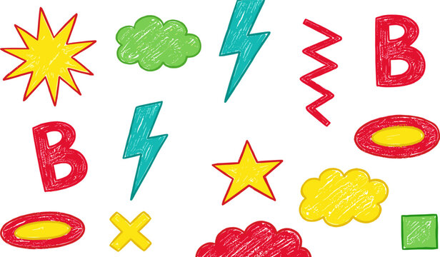 Collection of colorful hand drawn crayon doodle comic design elements featuring stars lightning bolts and clouds