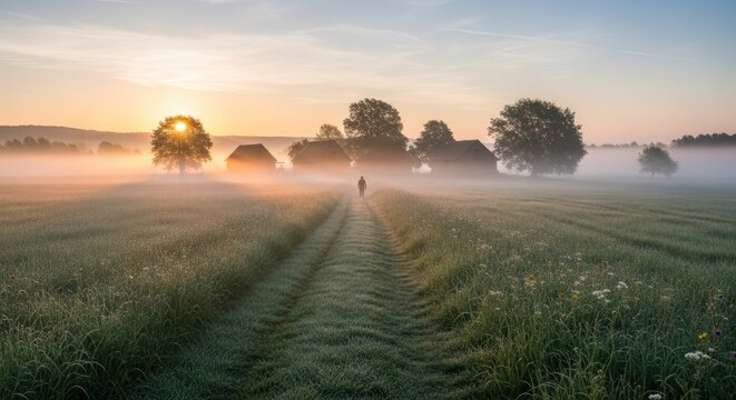 A person walking through a misty field at sunrise, with a sun rising behind a tree and a few houses in the background.