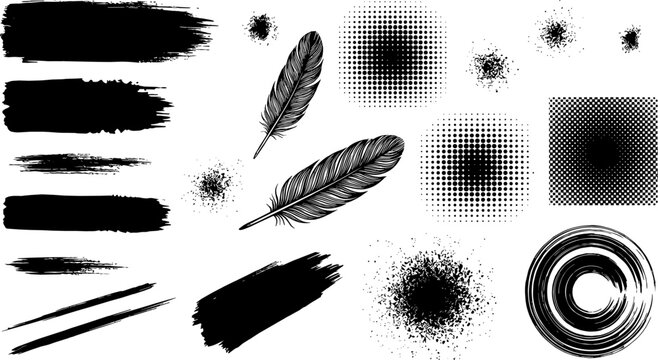Set of black grunge ink brush strokes halftone patterns splatters and detailed feathers for graphic design projects