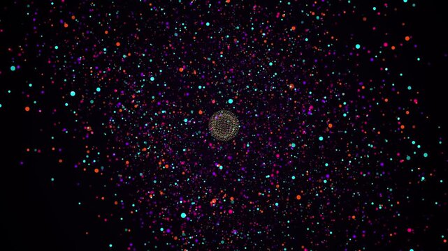 Abstract digital background with glowing colorful particles and a central cluster