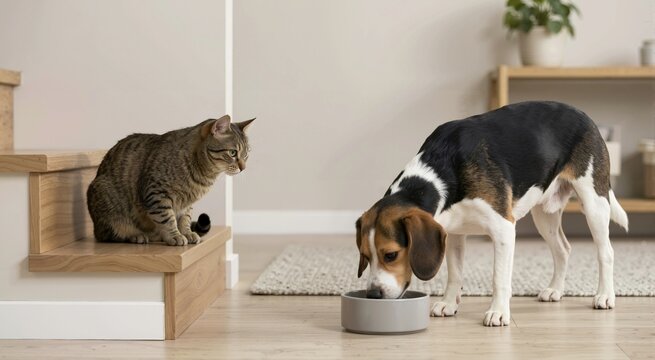 Brown tabby cat watching a Beagle dog eat from a bowl. Pets interacting in a bright home interior with wooden stairs and floor