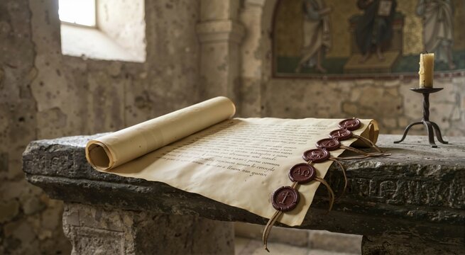 Open holy scroll with seven red wax seals on a stone altar. Ancient religious manuscript in an early church setting