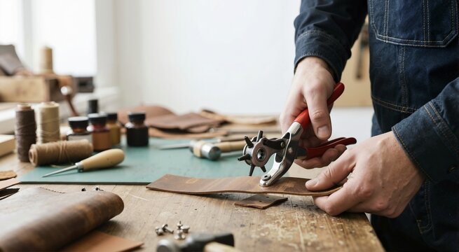 Artisan using a rotary hole punch tool on a brown leather strip. Close up of a craftsman hands working at a wooden workbench with leathercraft supplies