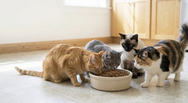 Multiple cats sharing dry food from a single bowl. Orange tabby, grey tabby, Siamese, and calico eating together on a kitchen floor