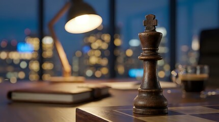 Obraz na płótnie Canvas Chess piece on desk with city skyline view at night, representing strategy, business planning, leadership and corporate decision making in modern office.