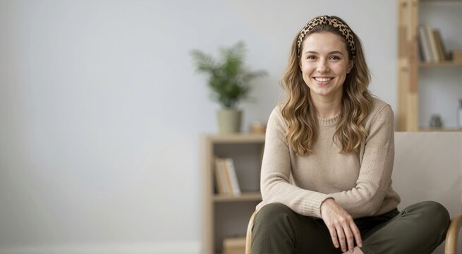 Smiling young woman wearing a leopard animal print headband and beige sweater. Happy female sitting in a modern living room. Copy space for text