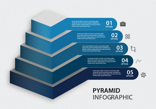 Isometric pyramid infographic with five numbered options and placeholder text on a light gray background