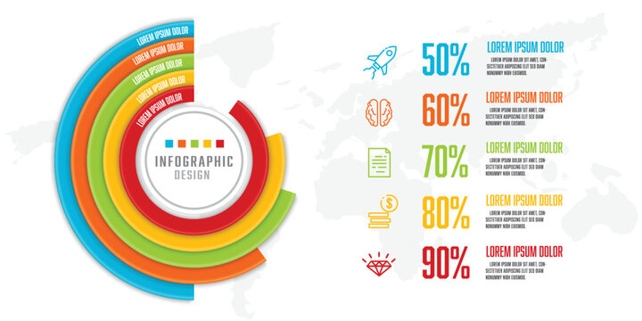 Colorful infographic design with percentage charts and icons on world map background