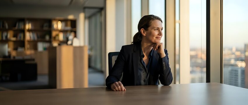 Businesswoman sitting at desk looking out window at sunset city view