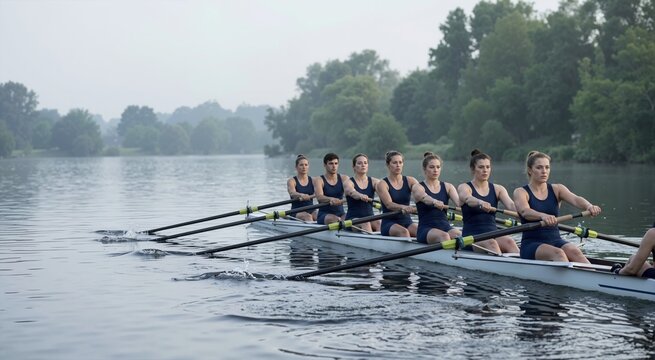 Women's rowing crew synchronizing oars on a misty river. Female athletes training in a racing shell boat. Teamwork and outdoor water sports concept