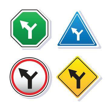 Road sign variations with a left diverging arrow on colored backgrounds vector illustration