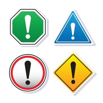 Four colorful warning signs with exclamation marks in a vector illustration style