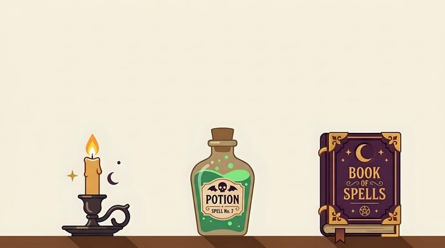 Witch candle with crescent moon and stars, green potion bottle, and spell book on shelf for witchcraft and magic design projects.