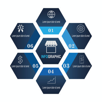 Hexagonal infographic template with numbers and icons for data visualization and modern presentations