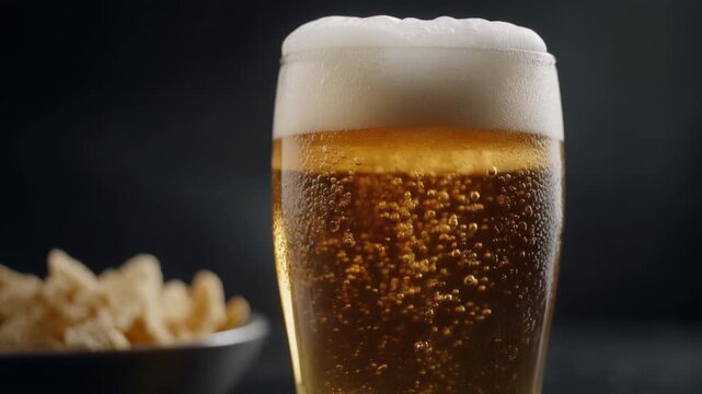 Close up of a cold glass of golden draft beer with thick foam and condensation on a dark background.