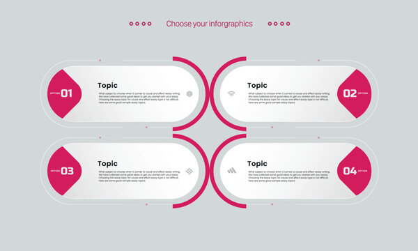 Infographic template with four circular options and text about essay topics and choices