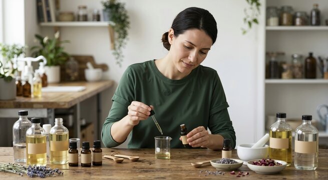 Woman mixing essential oils with a glass dropper in a beaker. Homemade natural cosmetics and aromatherapy hobby
