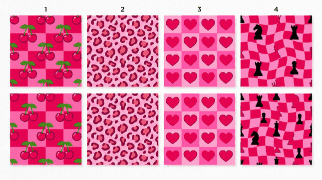 Set of four seamless vector pattern tiles in a vibrant pink style with fruit leopard hearts with designs with designs