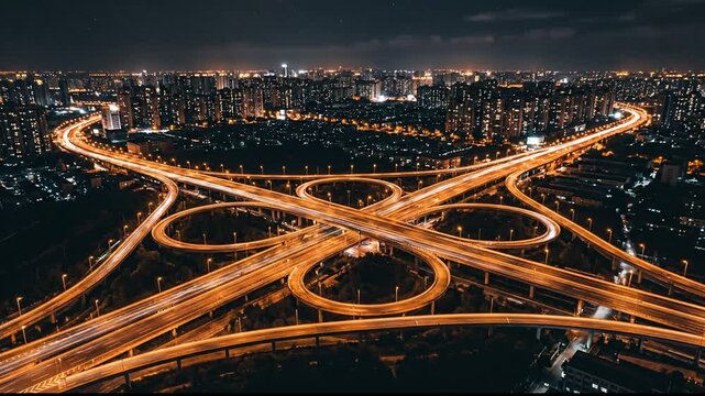 Aerial view of complex highway interchange with glowing light trails in city at night